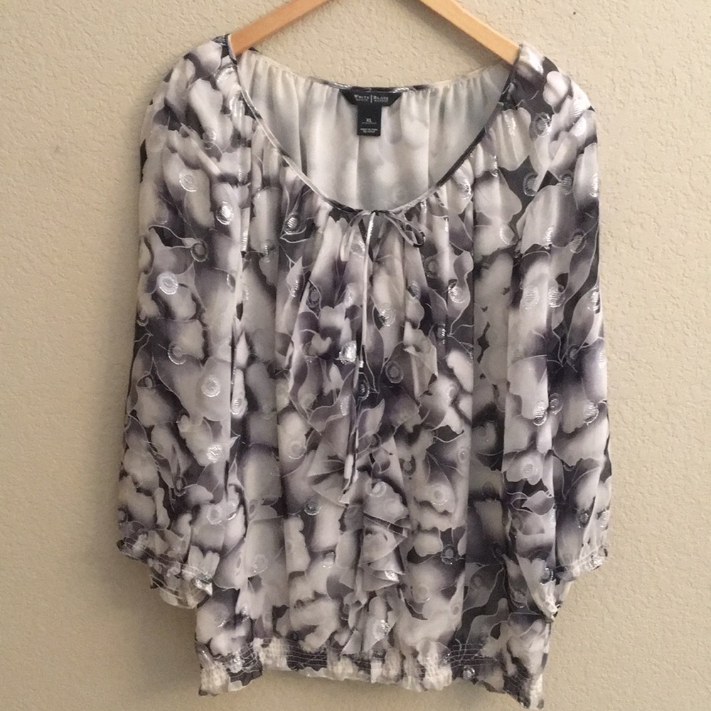 Blouse with black/white, silver thread print.